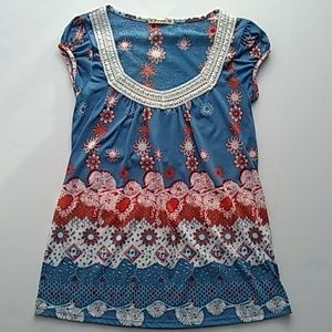 F21 Boho Print Crochet Lace Tunic Top